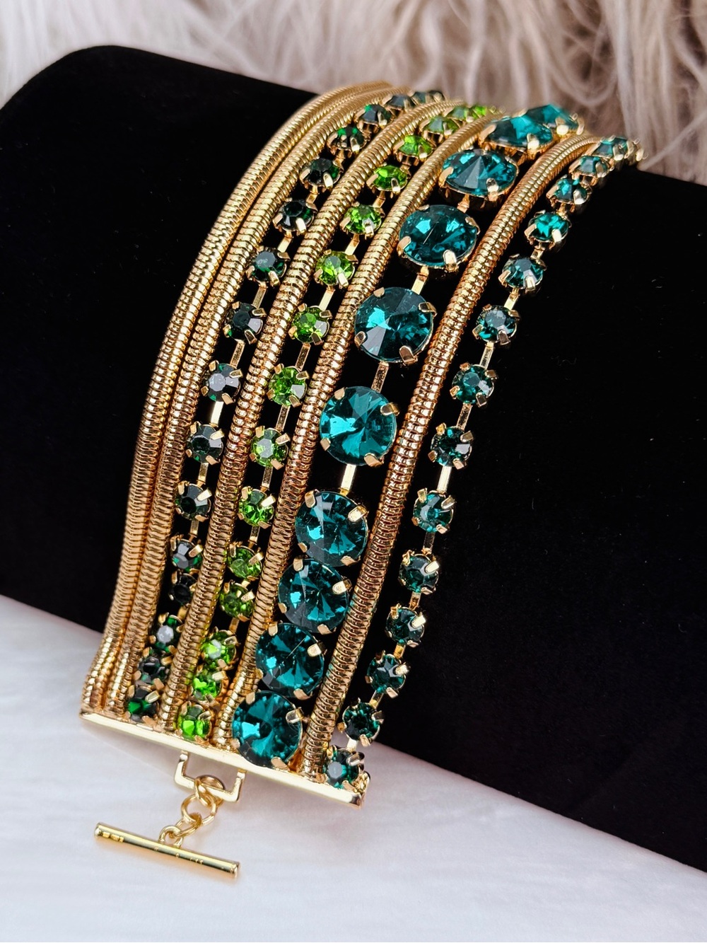 Wide Gold Tone Green Faceted Stone Multi Row Statement Bracelet